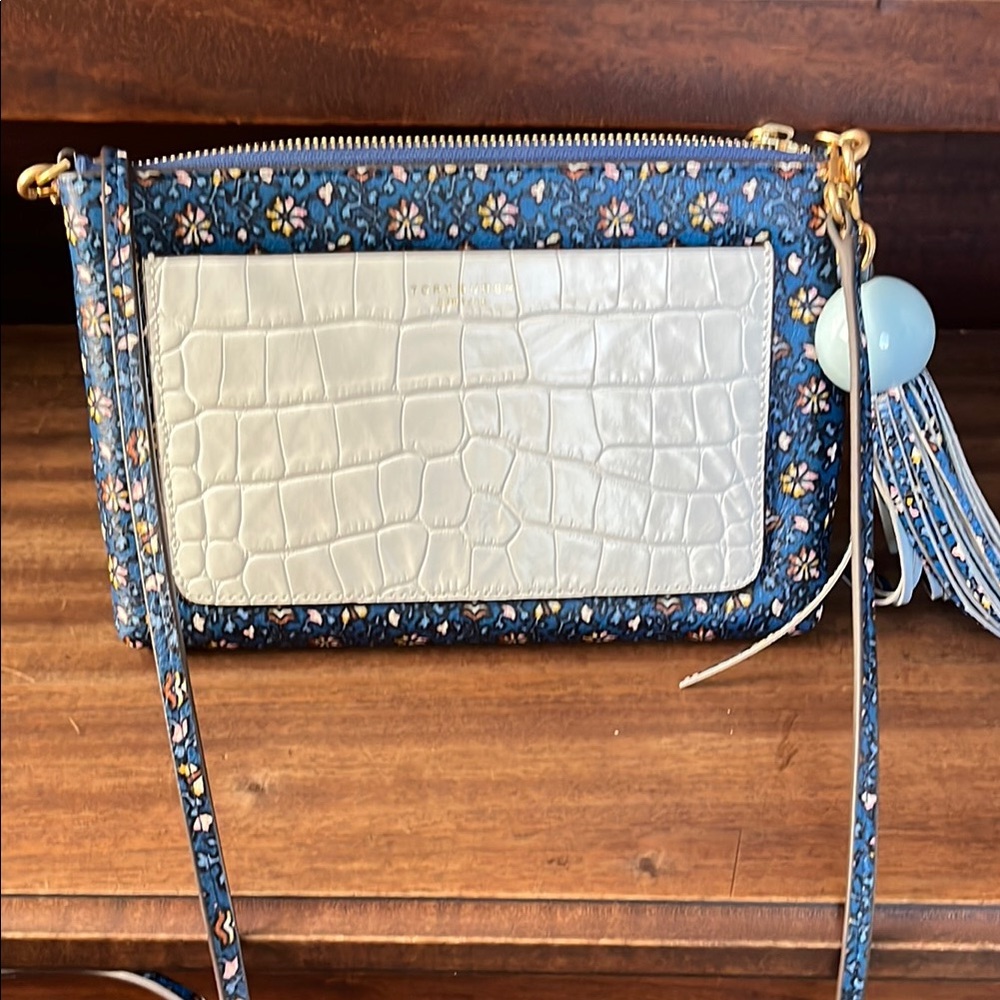 Tory Burch Blue and White Crossbody Bag with Textured Design
